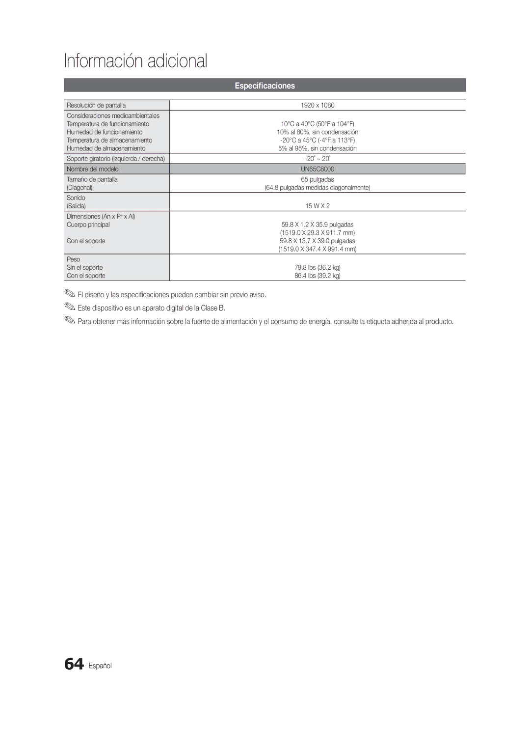 Samsung BN68-03153A-01, UC8000-NA user manual Especificaciones 