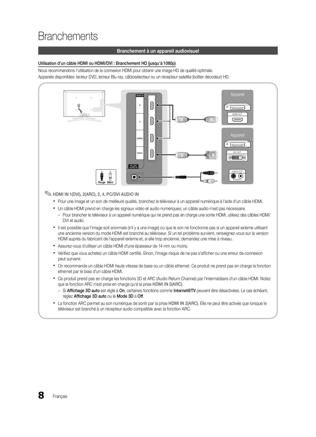 Samsung BN68-03153A-01, UC8000-NA user manual Branchements, Branchement à un appareil audiovisuel 