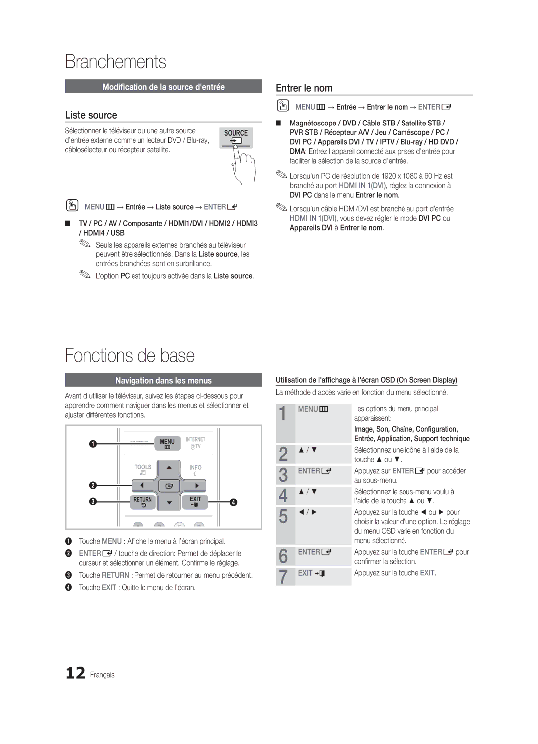 Samsung BN68-03153A-01, UC8000-NA Fonctions de base, Liste source, Entrer le nom, Modification de la source dentrée 