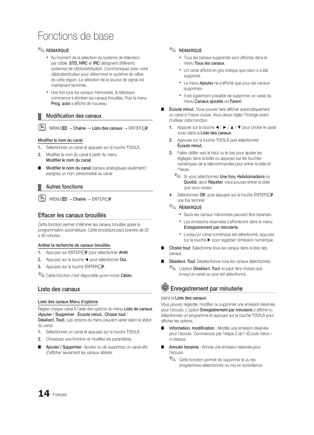 Samsung BN68-03153A-01, UC8000-NA Effacer les canaux brouillés, Enregistrement par minuterie, Modification des canaux 