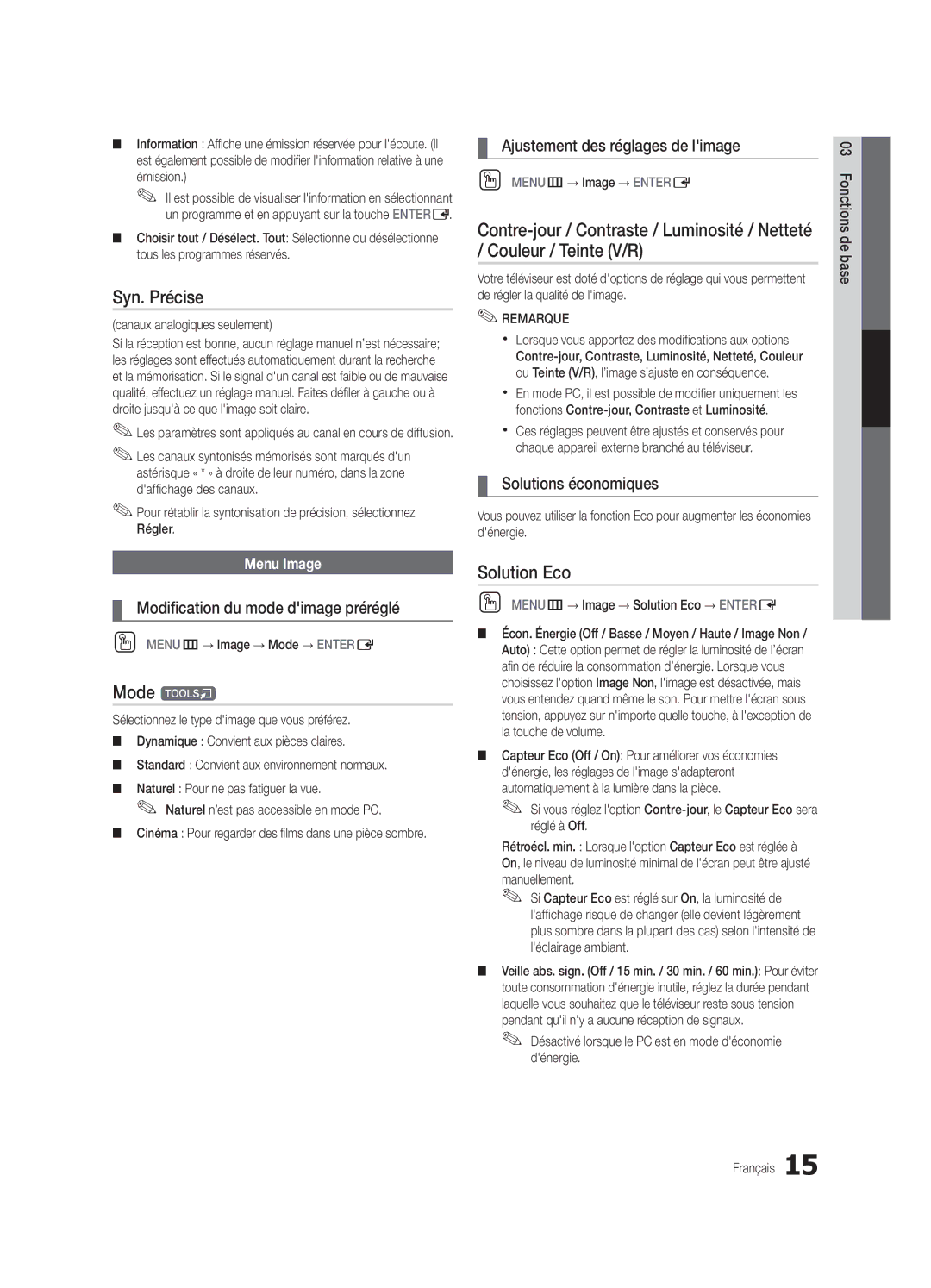 Samsung UC8000-NA, BN68-03153A-01 Syn. Précise, Solution Eco, Ajustement des réglages de limage, Solutions économiques 