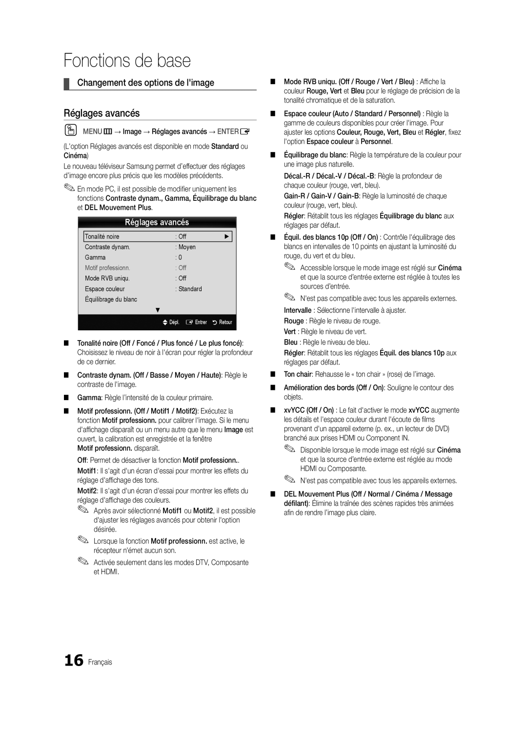 Samsung BN68-03153A-01, UC8000-NA Réglages avancés, Changement des options de limage, Motif professionn. disparaît 