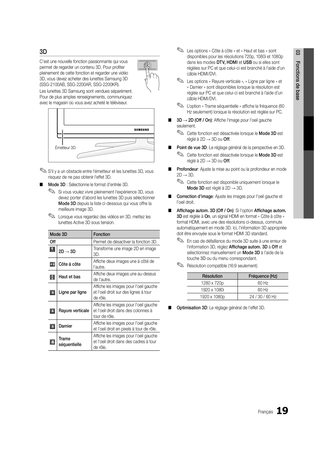 Samsung UC8000-NA Mode 3D Sélectionne le format dentrée 3D, Mode 3D Fonction Off, Côte à côte, Côté de, Haut et bas, Trame 