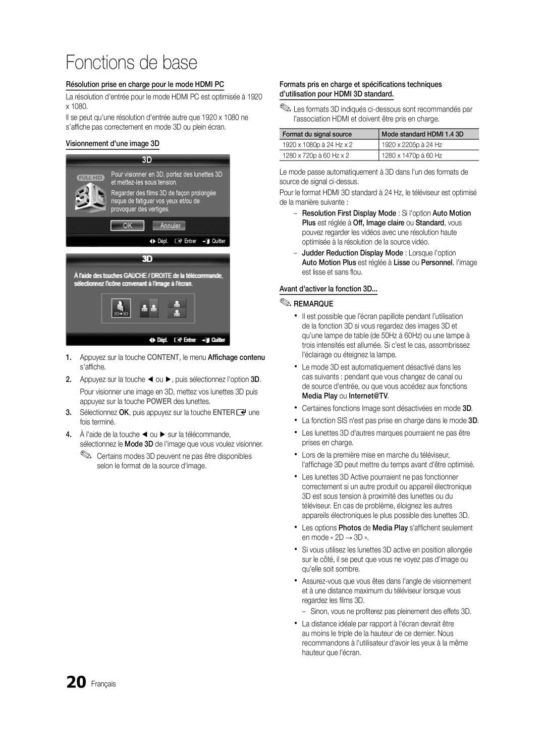 Samsung BN68-03153A-01, UC8000-NA user manual Visionnement dune image 3D, Selon le format de la source dimage Français 