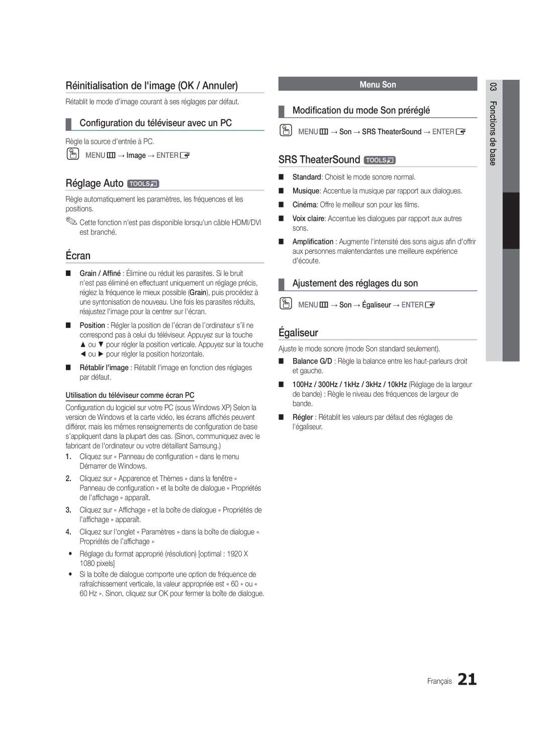 Samsung UC8000-NA, BN68-03153A-01 user manual Réinitialisation de limage OK / Annuler, Réglage Auto t, Écran, Égaliseur 