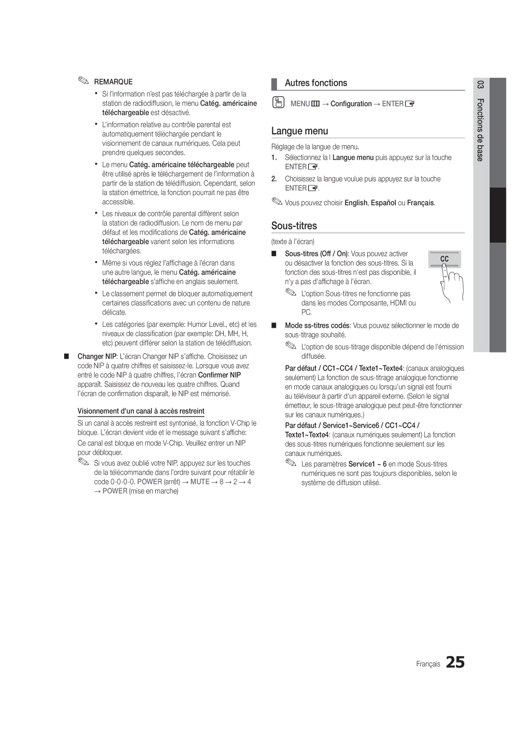 Samsung UC8000-NA, BN68-03153A-01 user manual Langue menu, Sous-titres 