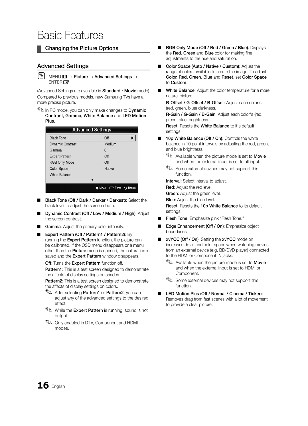 Samsung BN68-03153A-01, UC8000-NA user manual Changing the Picture Options, OO MENUm→ Picture → Advanced Settings → 