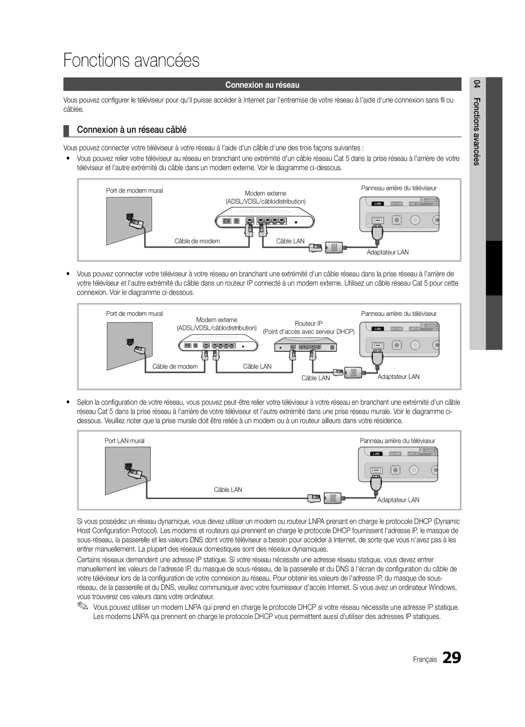 Samsung UC8000-NA, BN68-03153A-01 user manual Fonctions avancées, Connexion à un réseau câblé, Connexion au réseau 