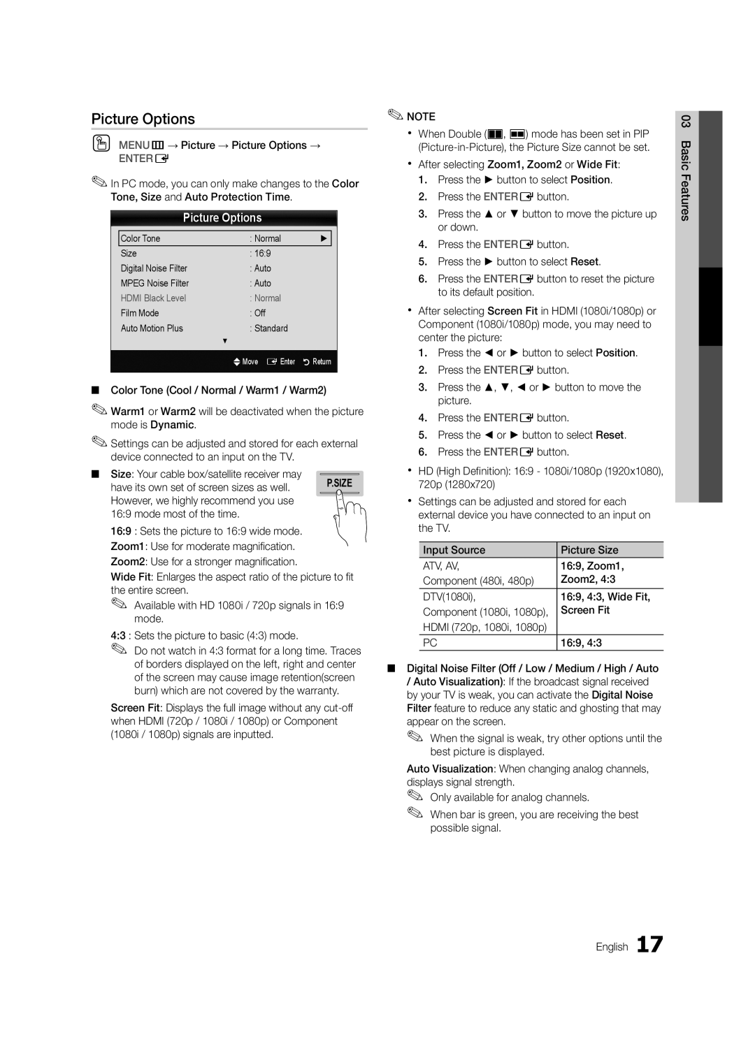 Samsung UC8000-NA, BN68-03153A-01 user manual Picture Options 