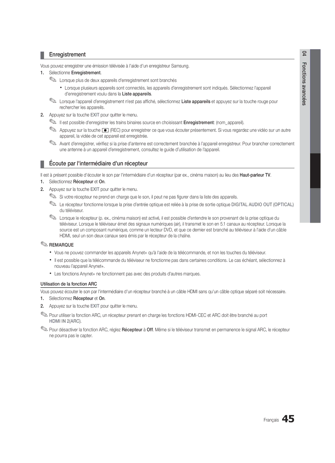 Samsung UC8000-NA, BN68-03153A-01 user manual Enregistrement, Écoute par lintermédiaire dun récepteur 