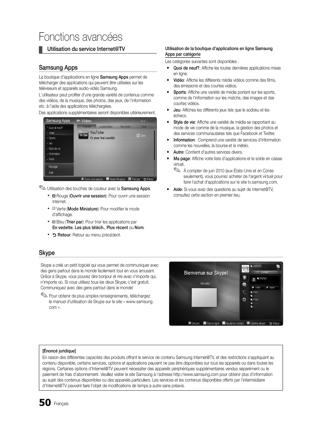 Samsung BN68-03153A-01, UC8000-NA user manual Utilisation du service Internet@TV, Énoncé juridique Français 