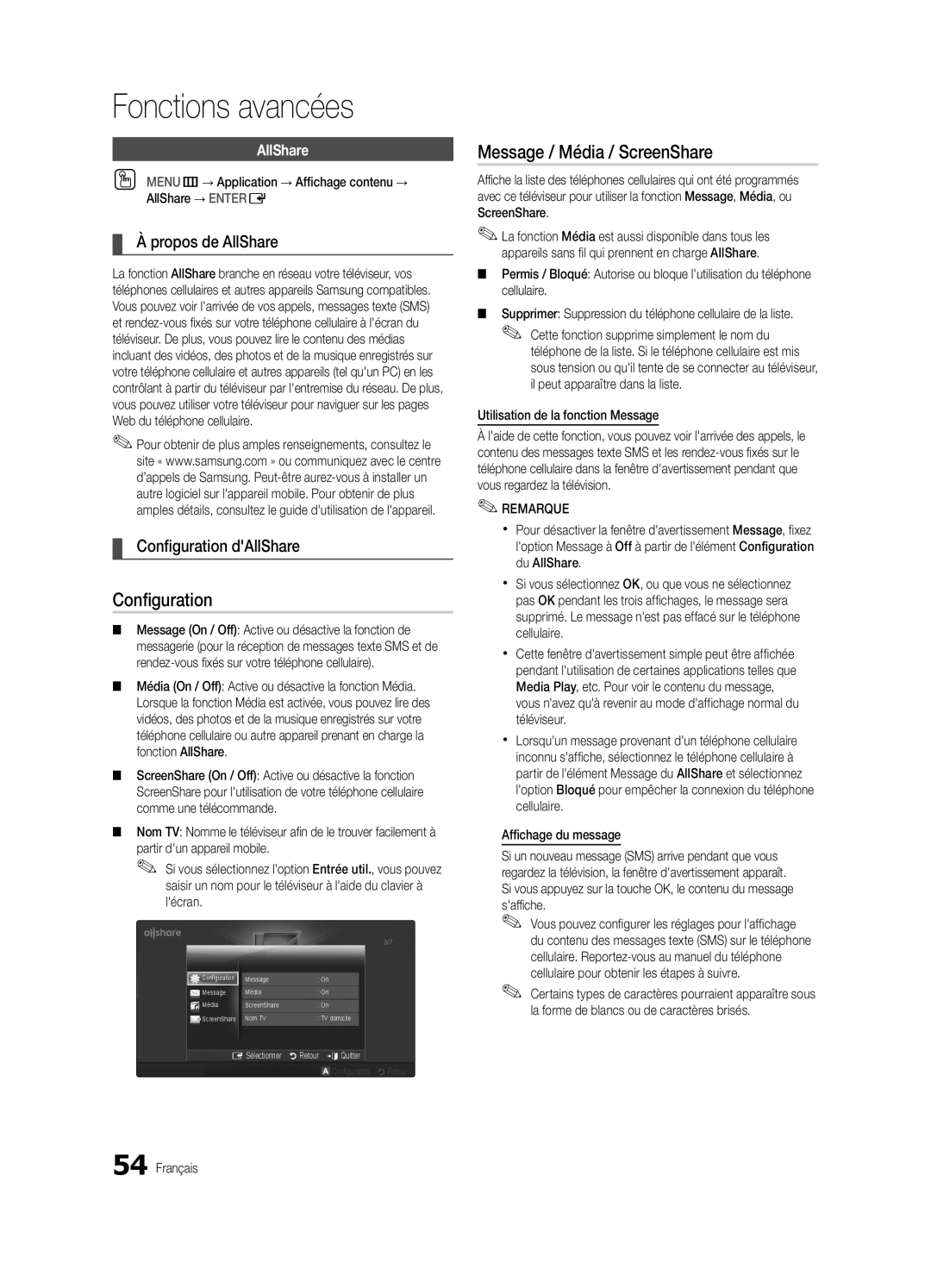 Samsung BN68-03153A-01, UC8000-NA user manual Message / Média / ScreenShare, Propos de AllShare, Configuration dAllShare 