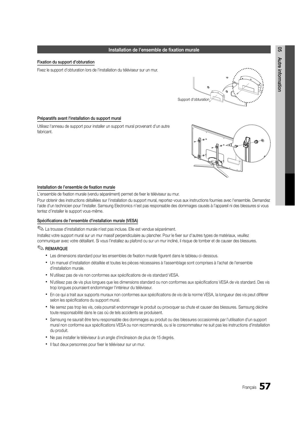 Samsung UC8000-NA, BN68-03153A-01 user manual Installation de l’ensemble de fixation murale, Support dobturation 