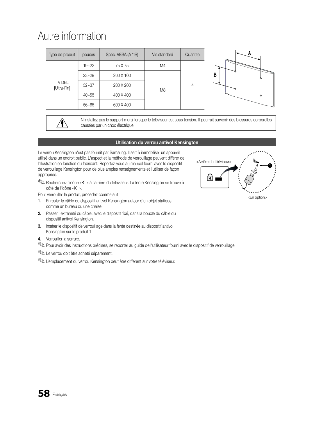 Samsung BN68-03153A-01, UC8000-NA user manual Utilisation du verrou antivol Kensington, Pouces, Vis standard Quantité 