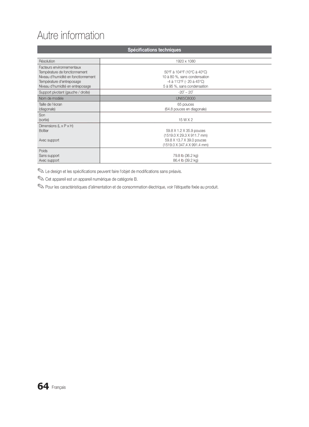 Samsung BN68-03153A-01, UC8000-NA user manual Spécifications techniques 