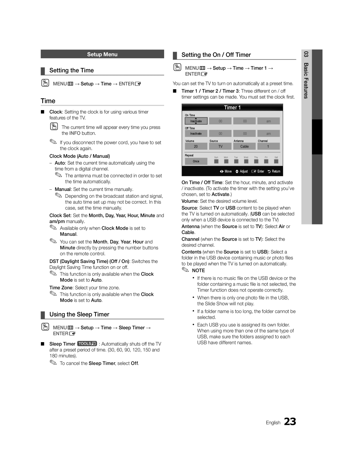 Samsung UC8000-NA, BN68-03153A-01 user manual Setting the Time, Using the Sleep Timer, Setting the On / Off Timer 