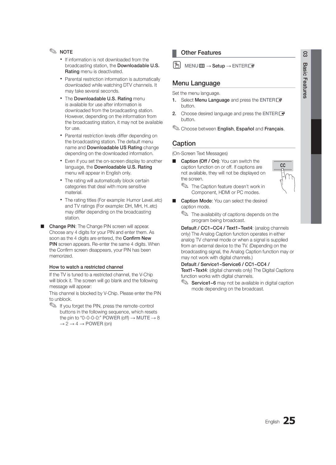 Samsung UC8000-NA, BN68-03153A-01 user manual Menu Language, Caption, → 2 → 4 → Power on, OO MENUm→ Setup → Entere 