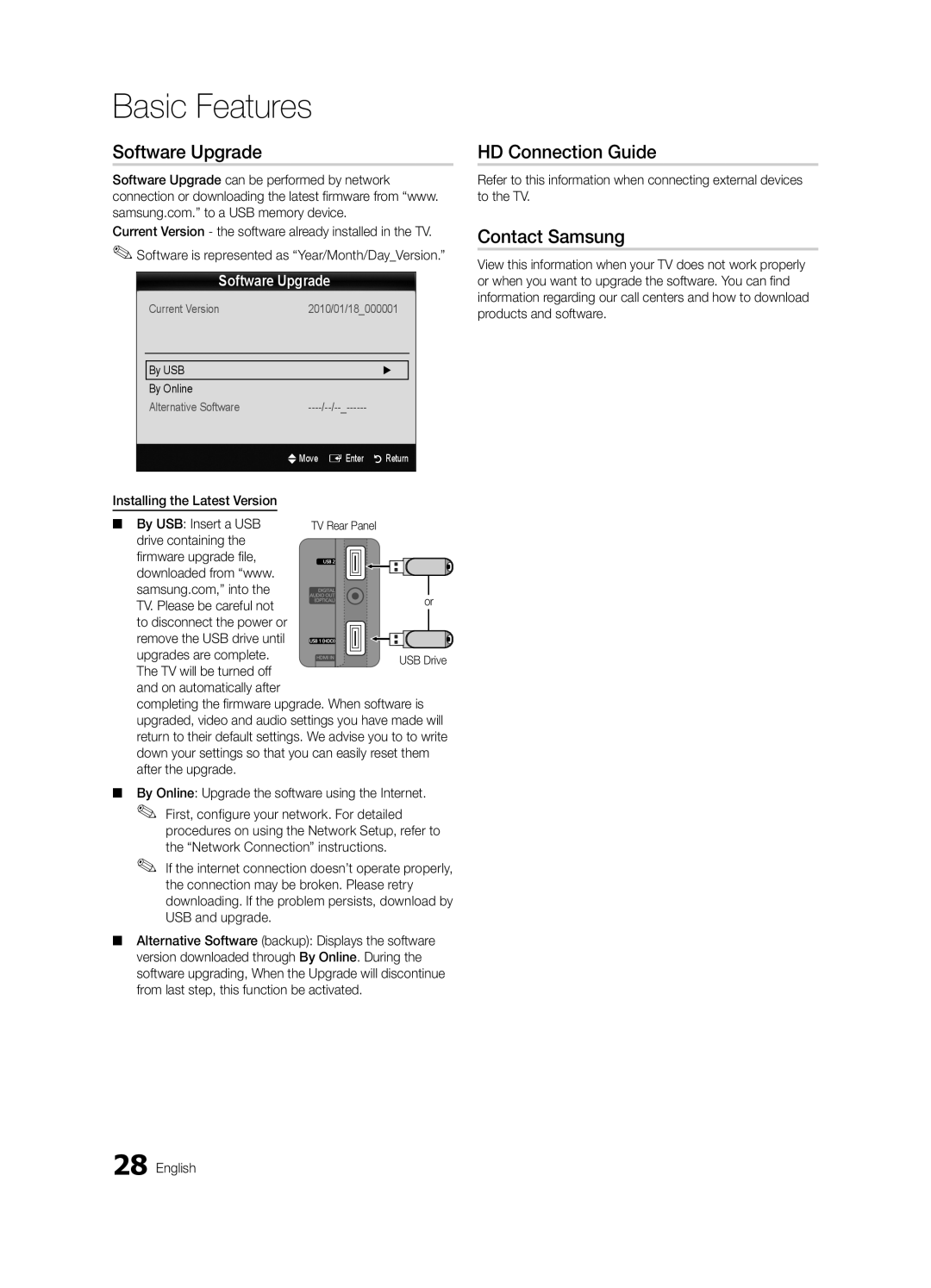 Samsung BN68-03153A-01, UC8000-NA Software Upgrade, HD Connection Guide, Contact Samsung, Installing the Latest Version 