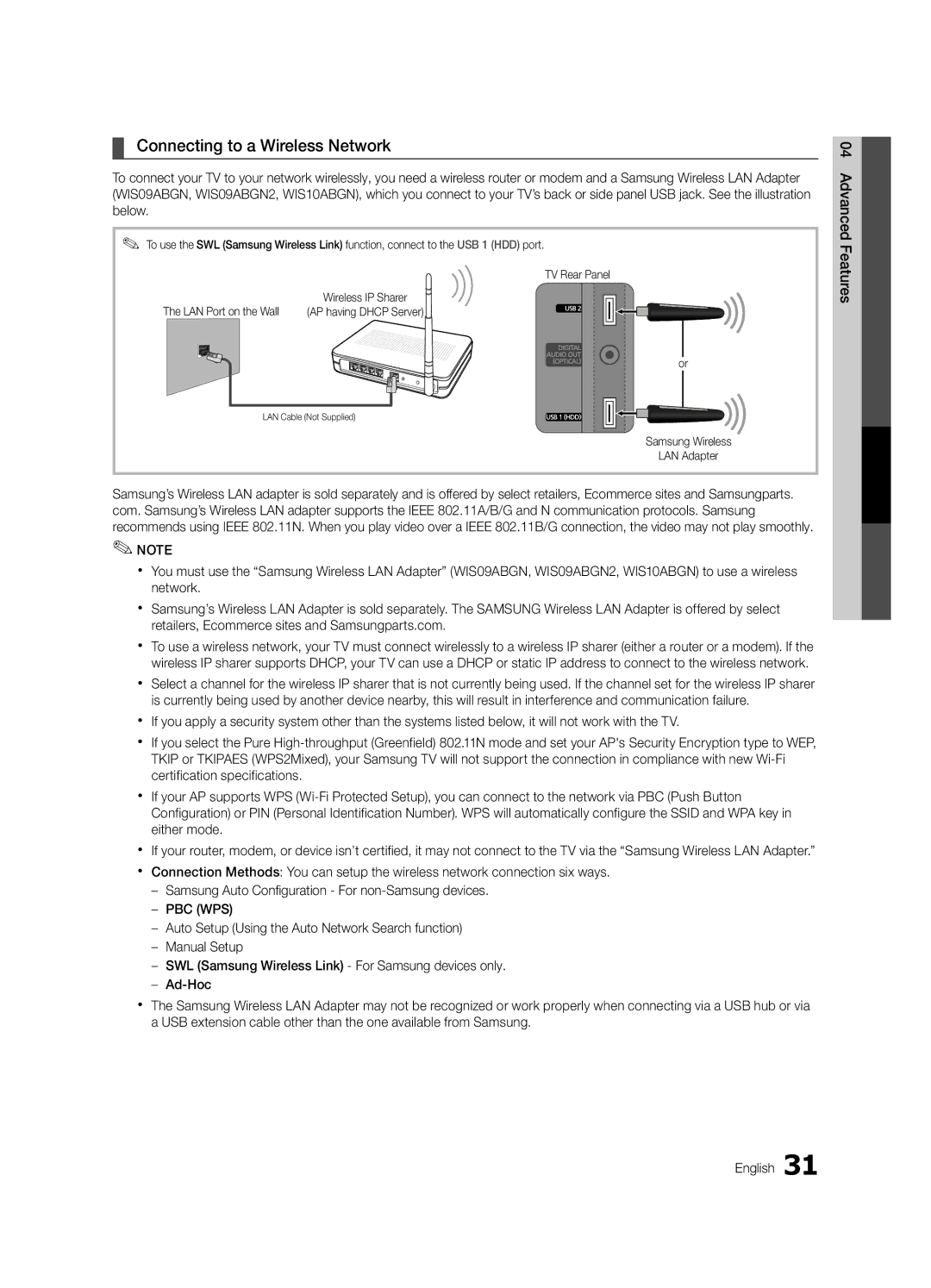 Samsung UC8000-NA, BN68-03153A-01 user manual Connecting to a Wireless Network, LAN Port on the Wall 