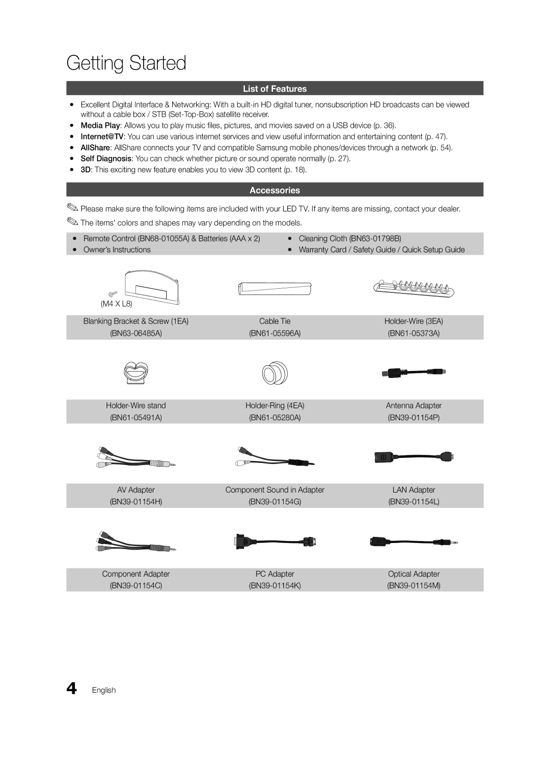 Samsung BN68-03153A-01, UC8000-NA user manual Getting Started, List of Features, Accessories, M4 X L8 