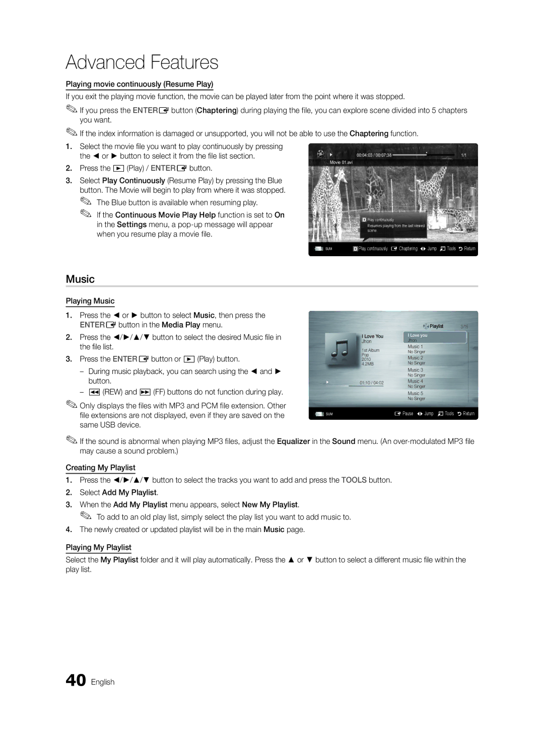 Samsung BN68-03153A-01, UC8000-NA user manual Music 