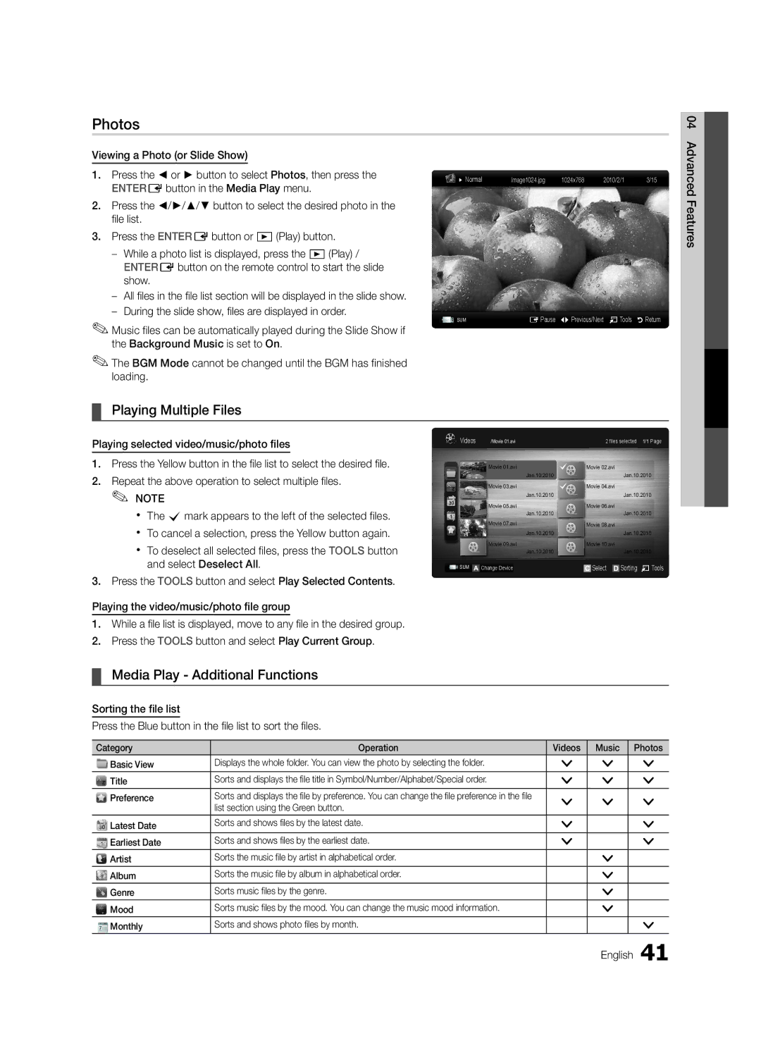 Samsung UC8000-NA Photos, Playing Multiple Files, Media Play Additional Functions, List section using the Green button 