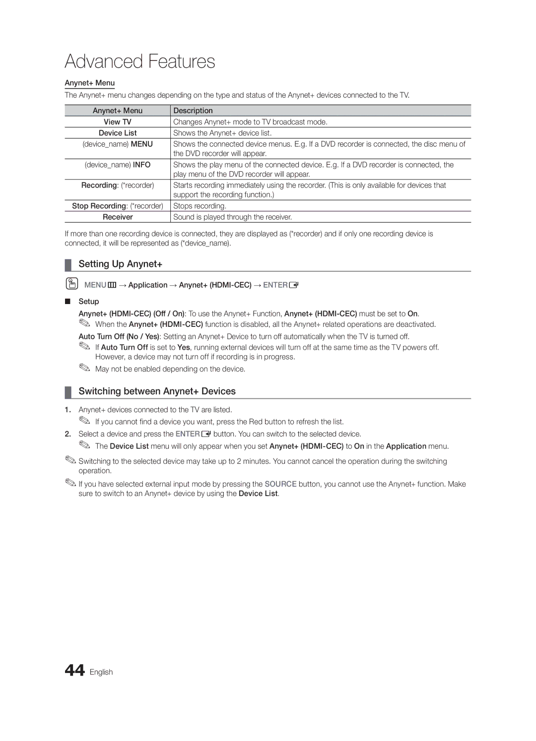 Samsung BN68-03153A-01, UC8000-NA user manual Setting Up Anynet+, Switching between Anynet+ Devices 