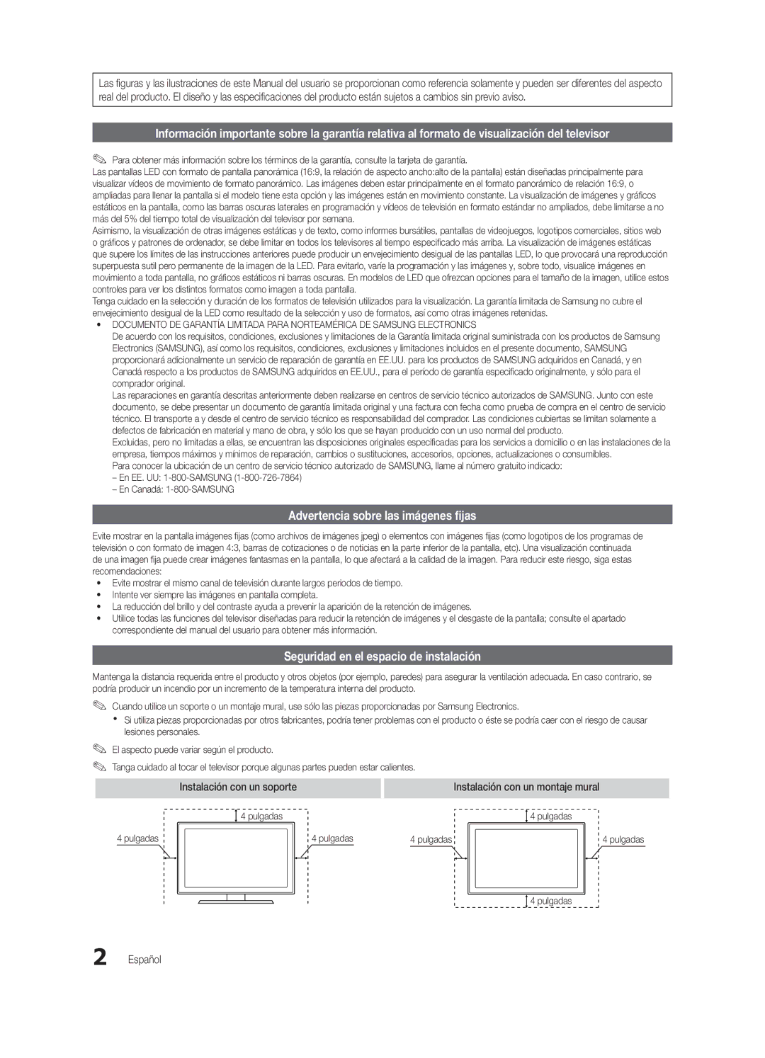 Samsung BN68-03153A-01, UC8000-NA user manual Advertencia sobre las imágenes fijas, Seguridad en el espacio de instalación 