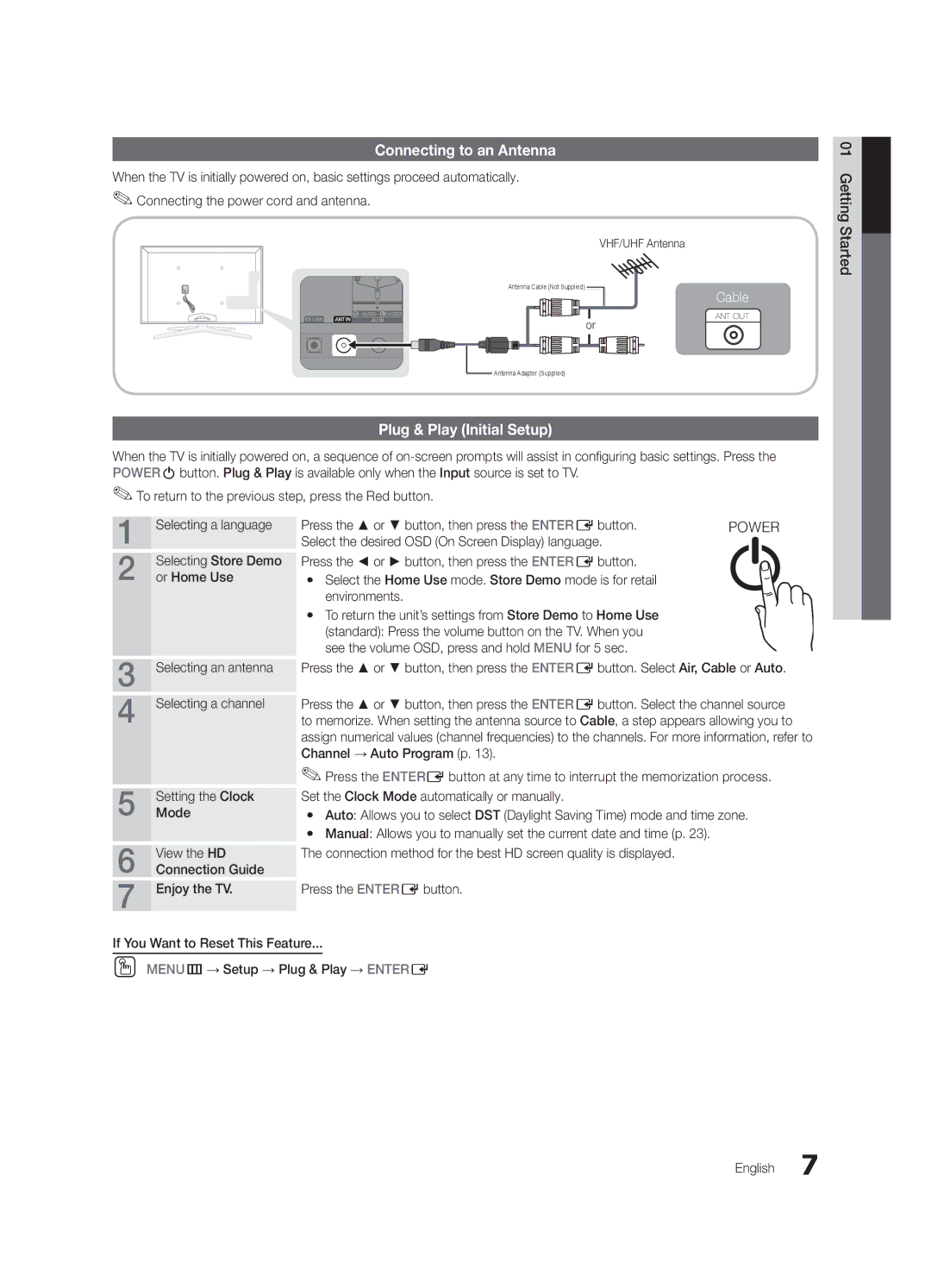 Samsung UC8000-NA Connecting to an Antenna, Plug & Play Initial Setup, Press the or button, then press the ENTEREbutton 