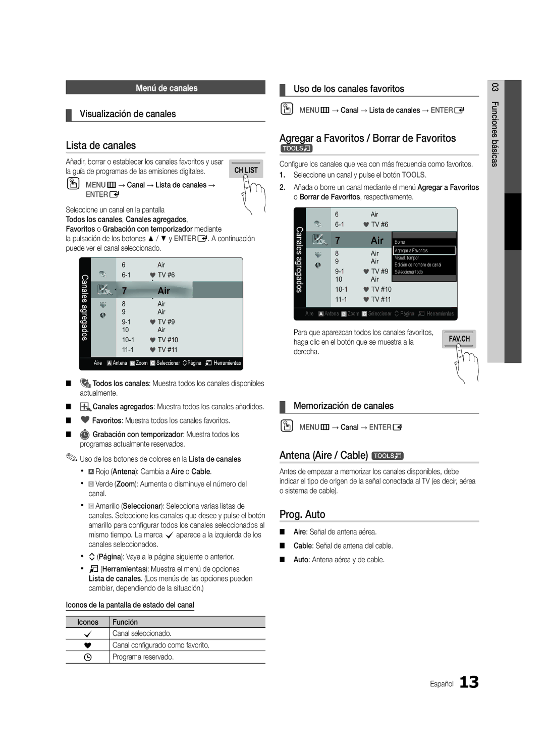 Samsung UC8000-NA Lista de canales, Antena Aire / Cable t, Prog. Auto, Visualización de canales, Memorización de canales 