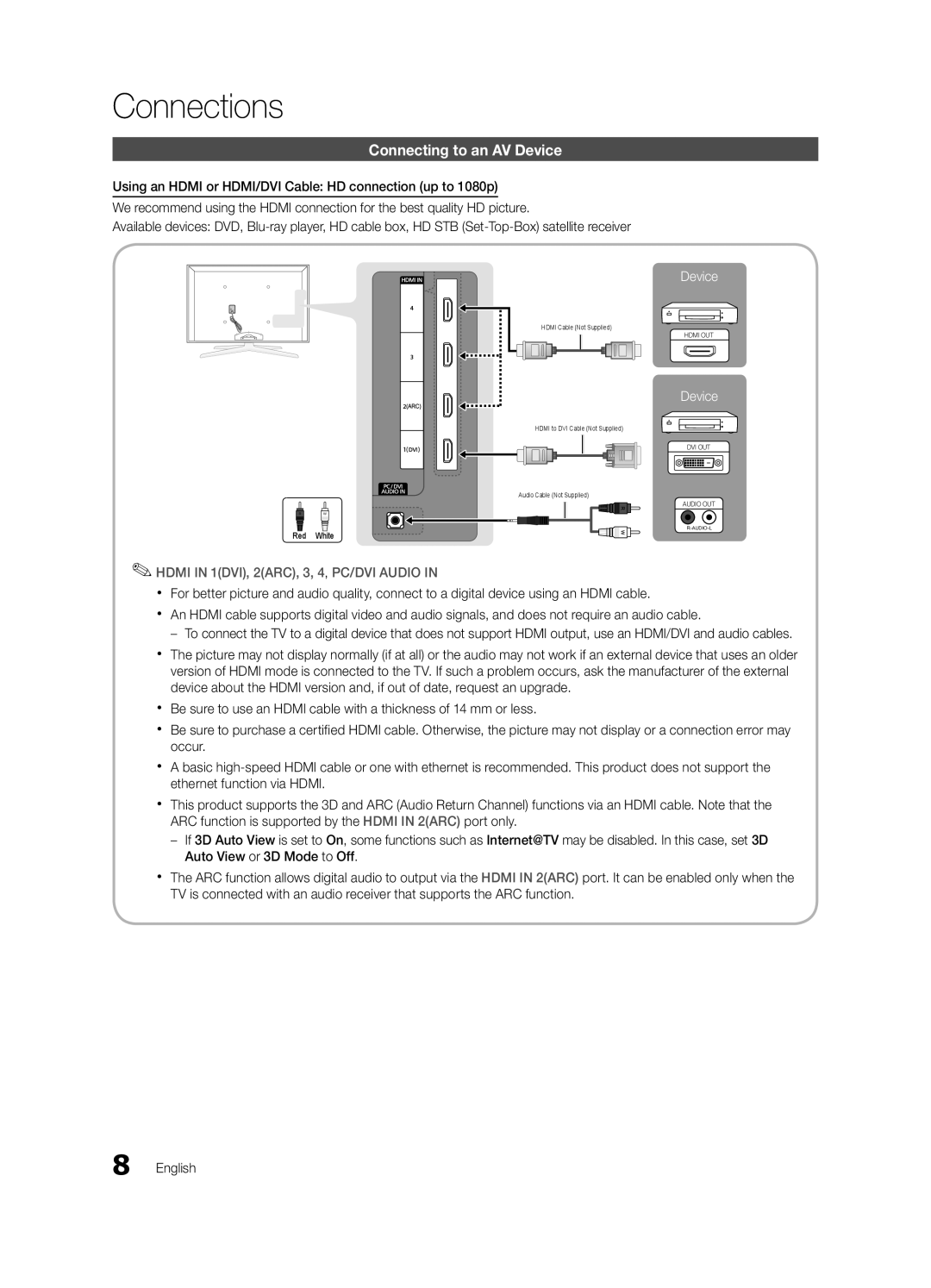 Samsung BN68-03153A-01, UC8000-NA user manual Connections, Connecting to an AV Device 