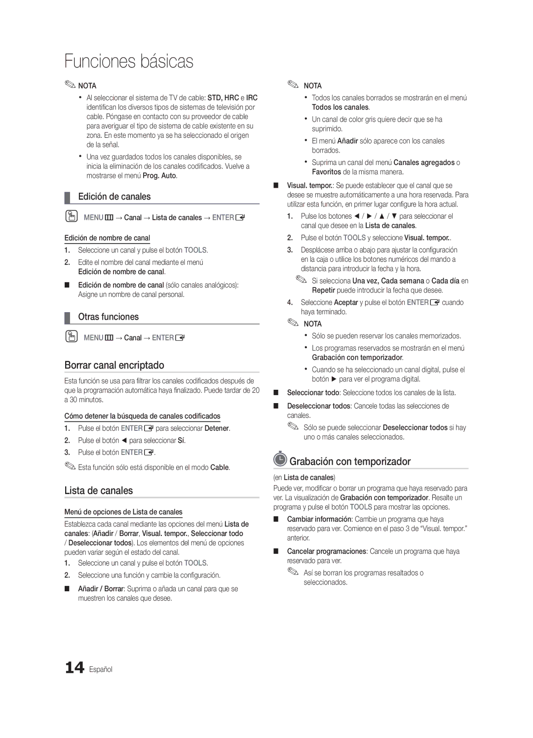 Samsung BN68-03153A-01, UC8000-NA Borrar canal encriptado, Grabación con temporizador, Edición de canales, Otras funciones 