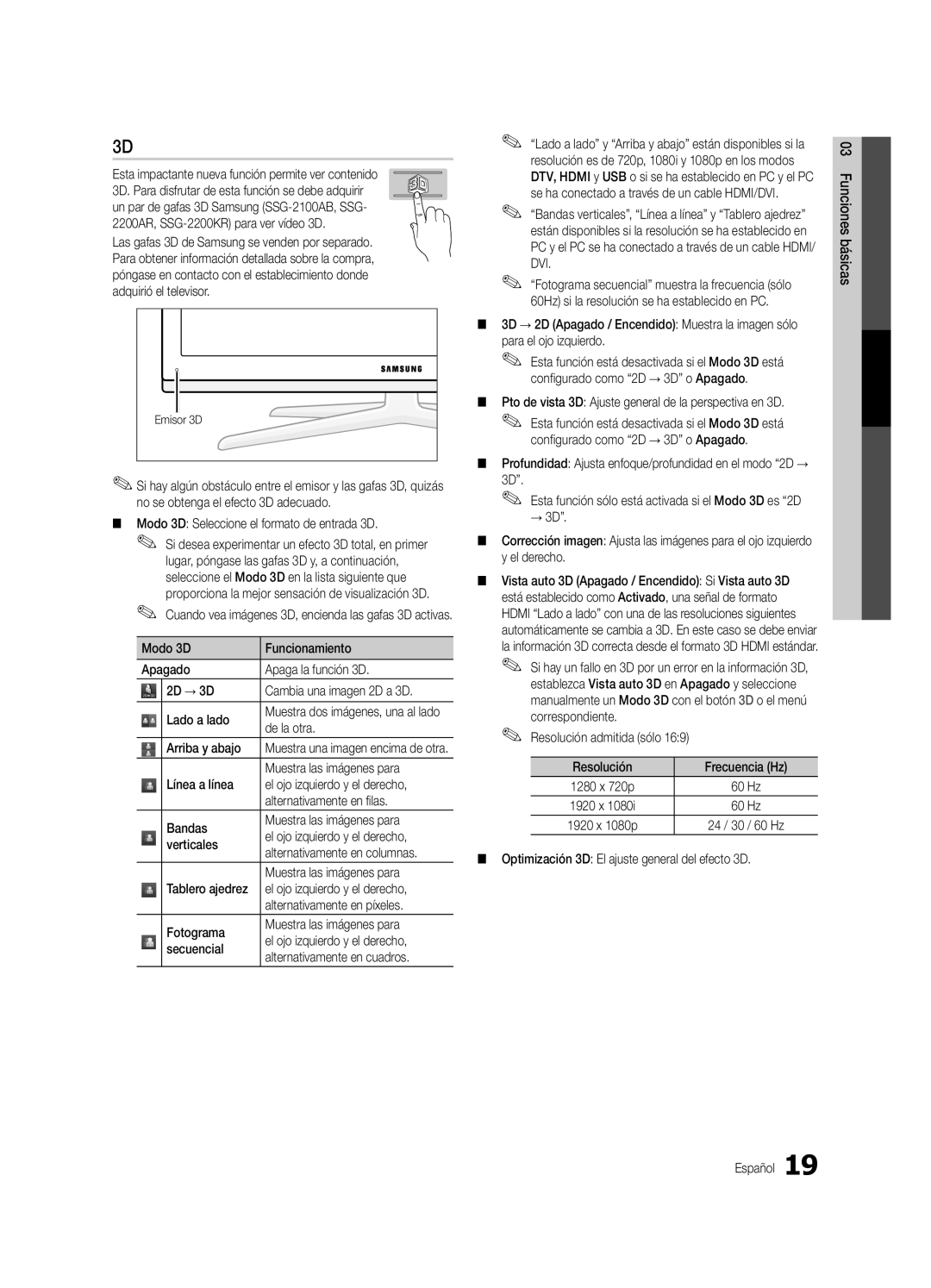 Samsung UC8000-NA Modo 3D Seleccione el formato de entrada 3D, De la otra, Arriba y abajo, Muestra las imágenes para 