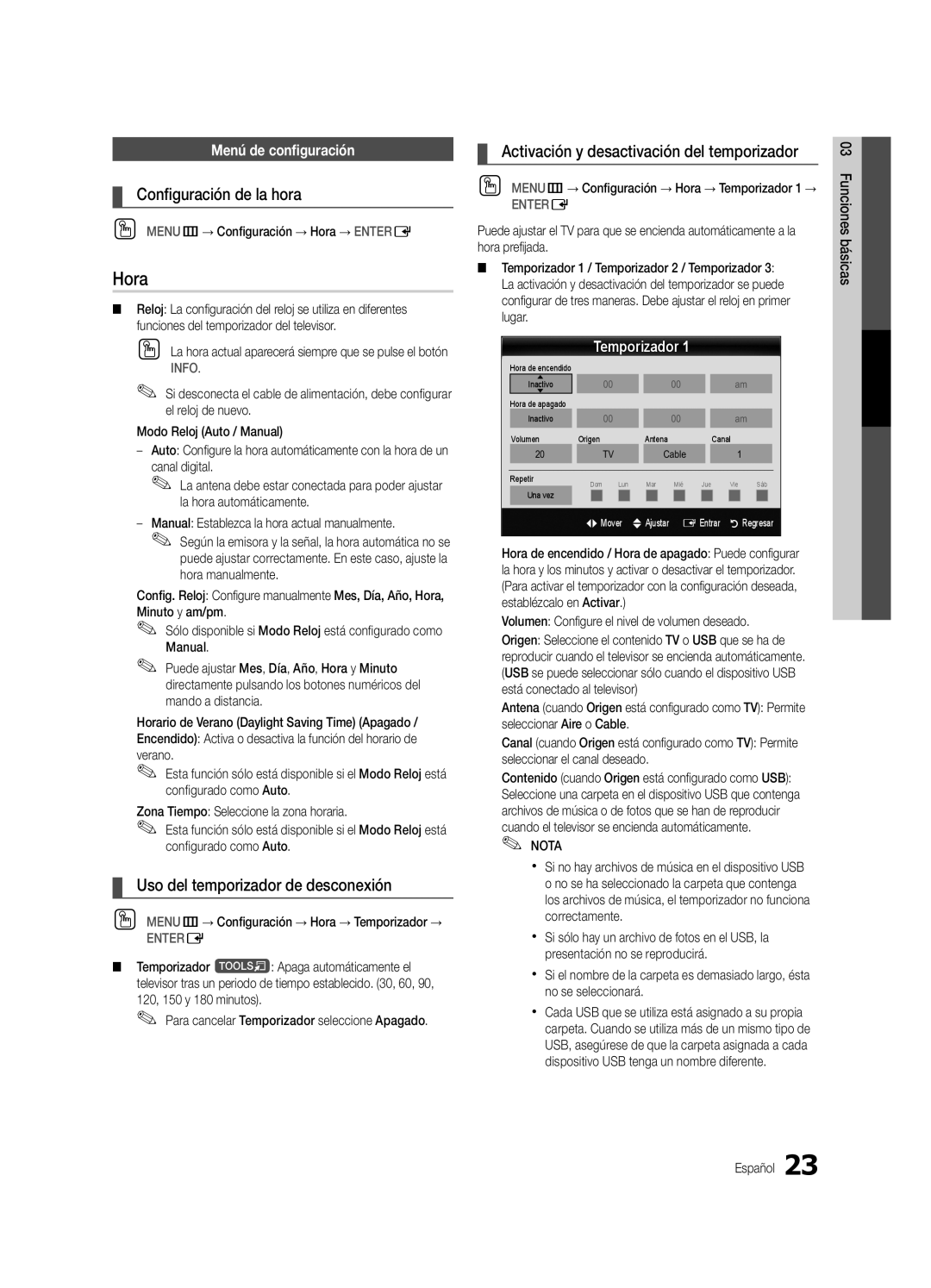 Samsung UC8000-NA, BN68-03153A-01 user manual Hora, Configuración de la hora, Uso del temporizador de desconexión 