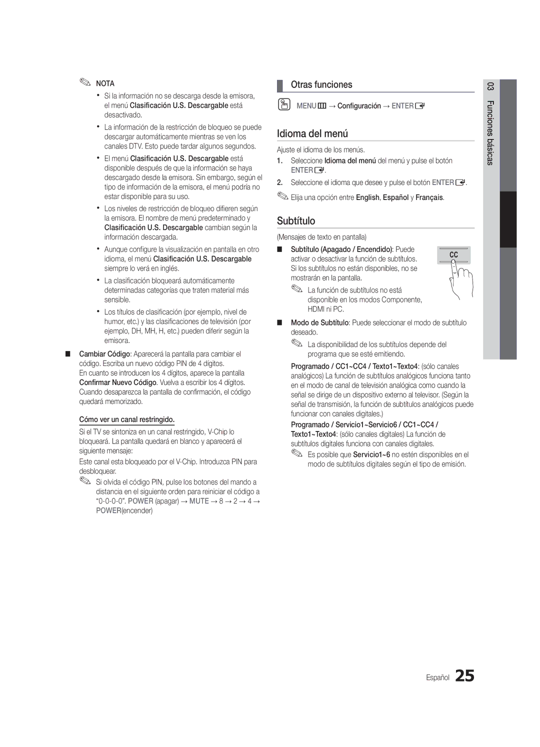 Samsung UC8000-NA, BN68-03153A-01 user manual Idioma del menú, Subtítulo, OO MENUm→ Configuración → Entere 