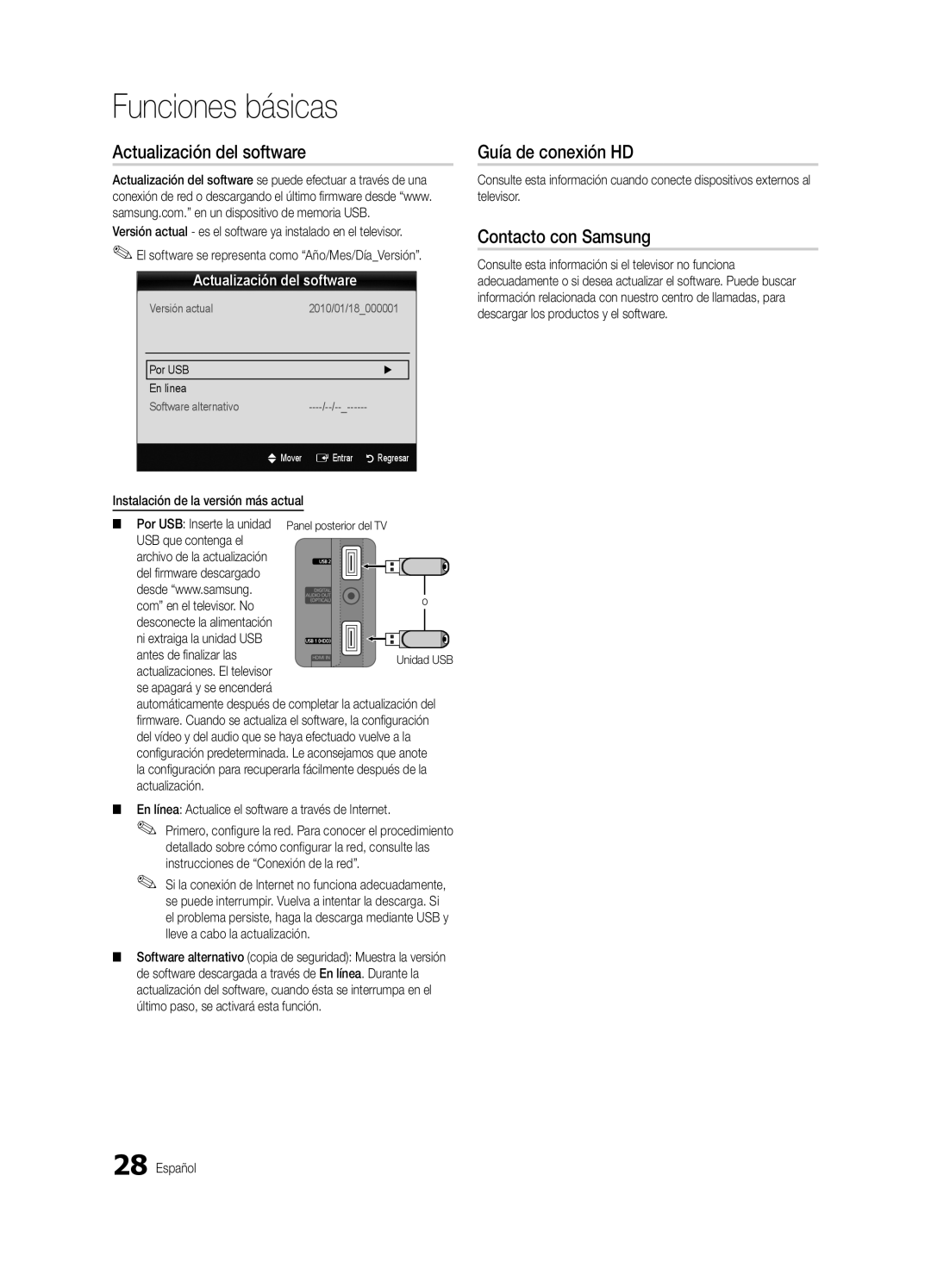 Samsung BN68-03153A-01, UC8000-NA user manual Actualización del software, Guía de conexión HD, Contacto con Samsung 