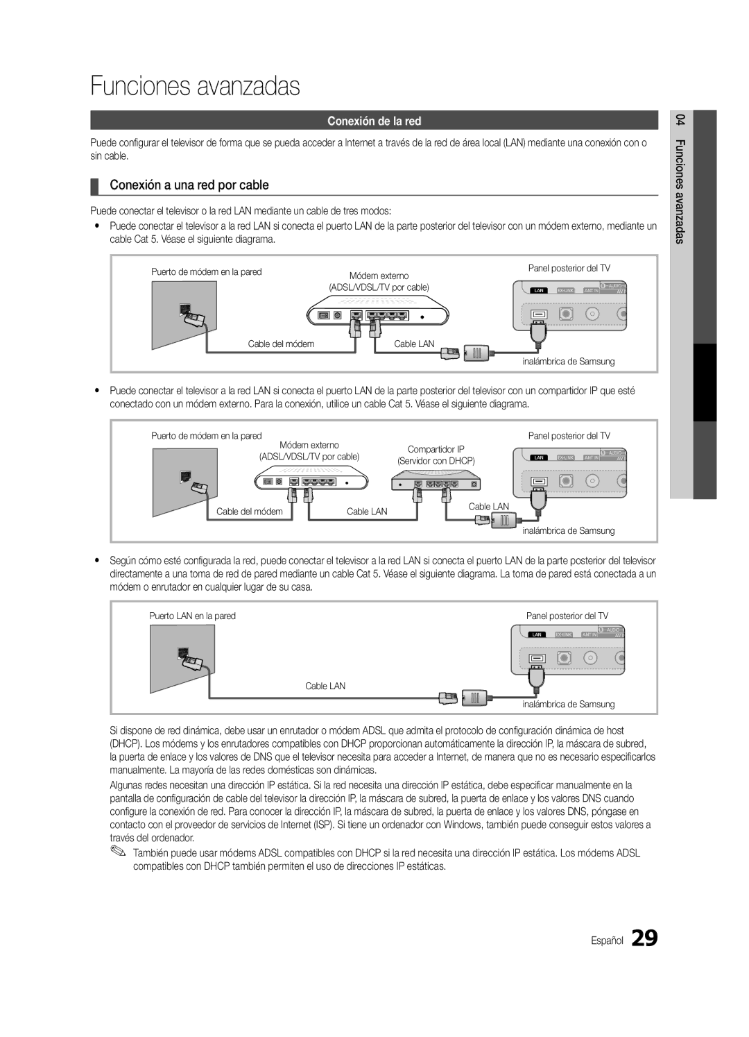 Samsung UC8000-NA, BN68-03153A-01 user manual Funciones avanzadas, Conexión a una red por cable, Conexión de la red 