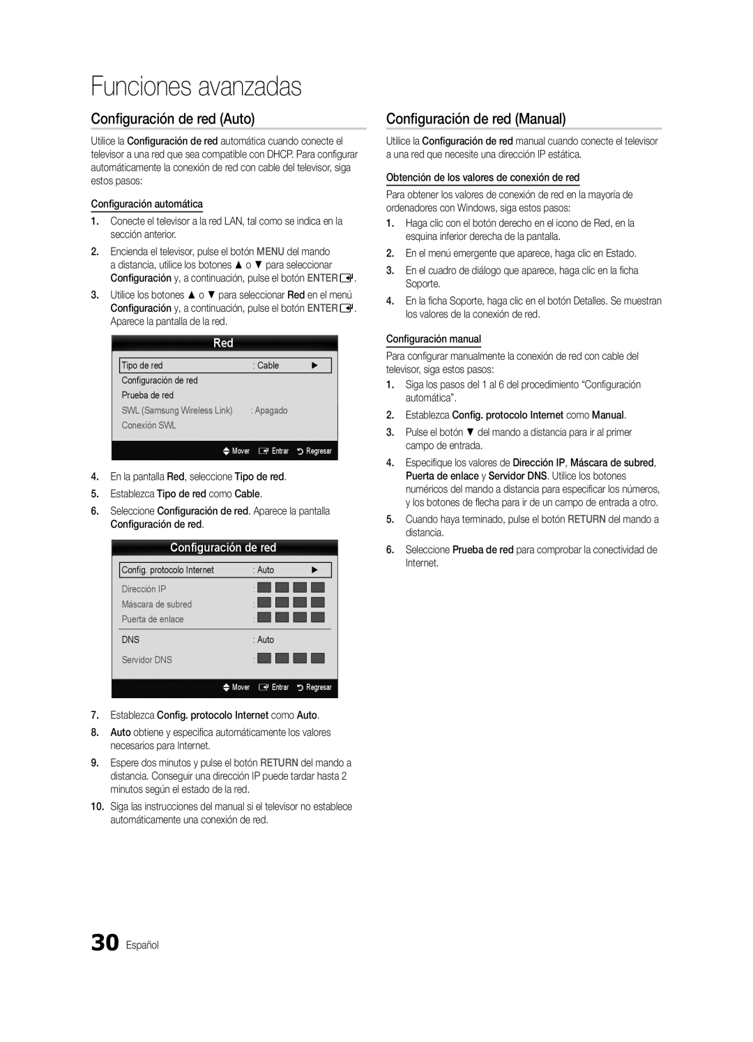 Samsung BN68-03153A-01, UC8000-NA user manual Configuración de red Auto, Configuración de red Manual, Red 