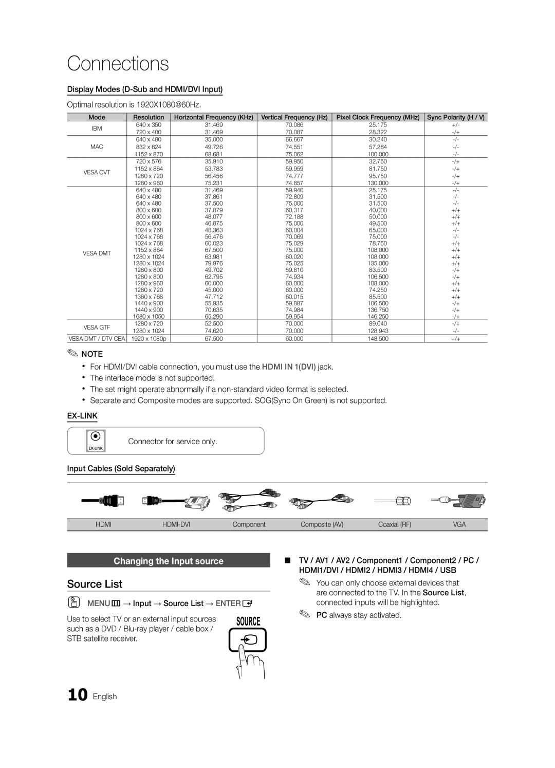 Samsung BN68-03164A-01 Source List, Changing the Input source, Connector for service only Input Cables Sold Separately 