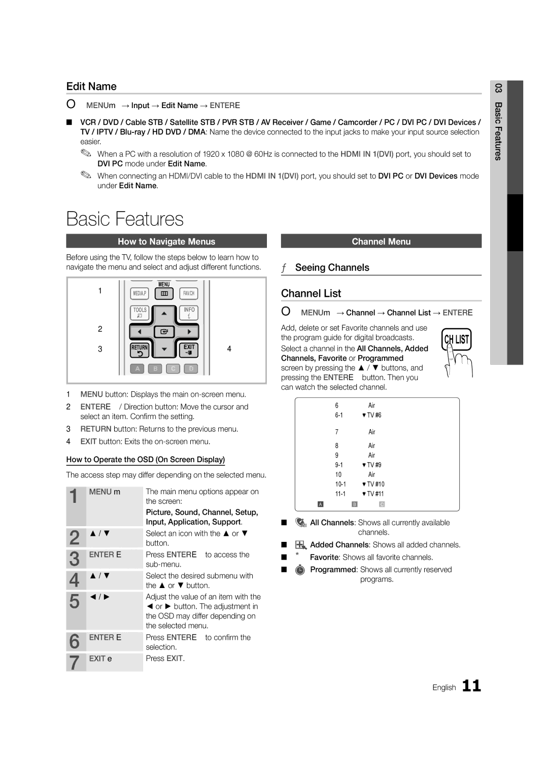 Samsung LC630-ZA, BN68-03164A-01, LN55C630 Edit Name, Channel List, Seeing Channels, How to Navigate Menus, Channel Menu 