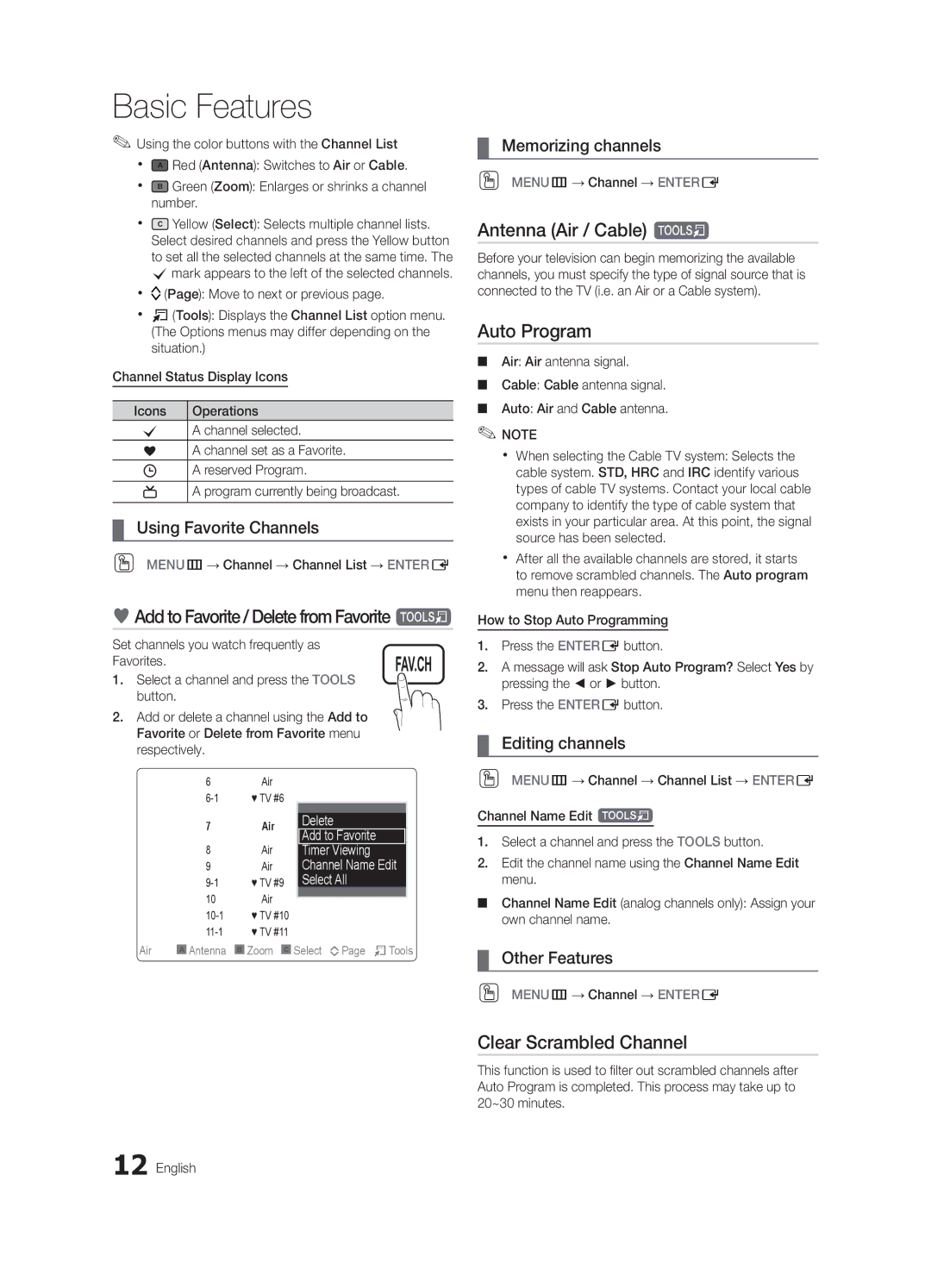 Samsung LN55C630 Add to Favorite / Delete from Favorite t, Antenna Air / Cable t, Auto Program, Clear Scrambled Channel 