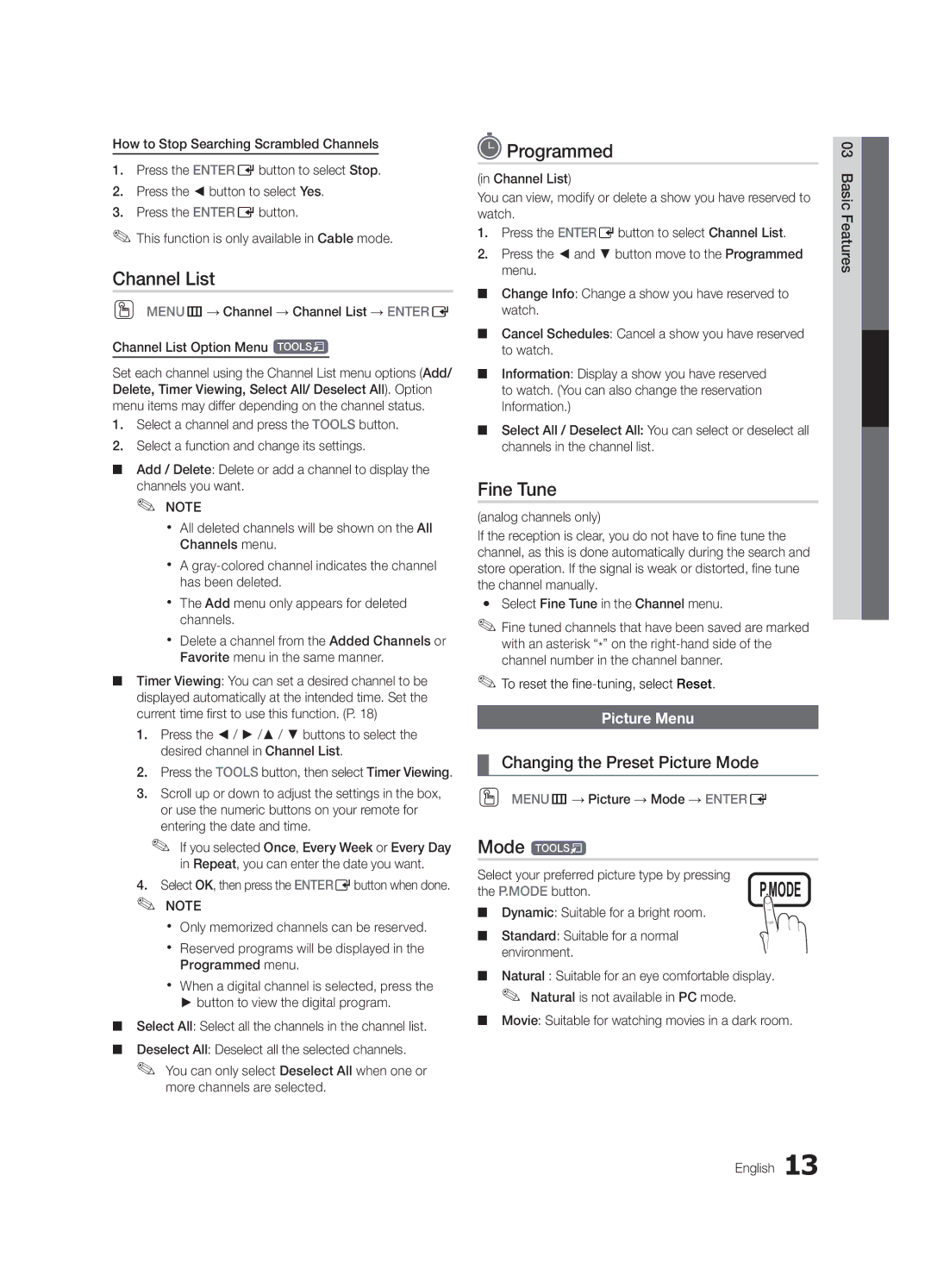 Samsung Series L6 630, BN68-03164A-01 Programmed, Fine Tune, Mode t, Changing the Preset Picture Mode, Picture Menu 