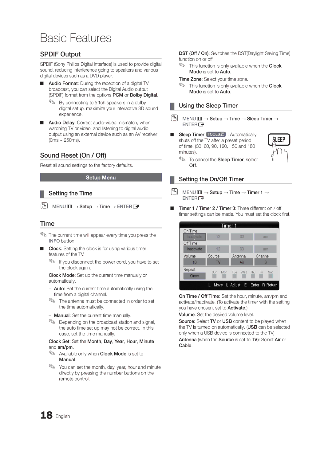 Samsung Series L6 630, BN68-03164A-01, LC630-ZA, LN55C630, Series L6 610 user manual Spdif Output, Sound Reset On / Off, Time 