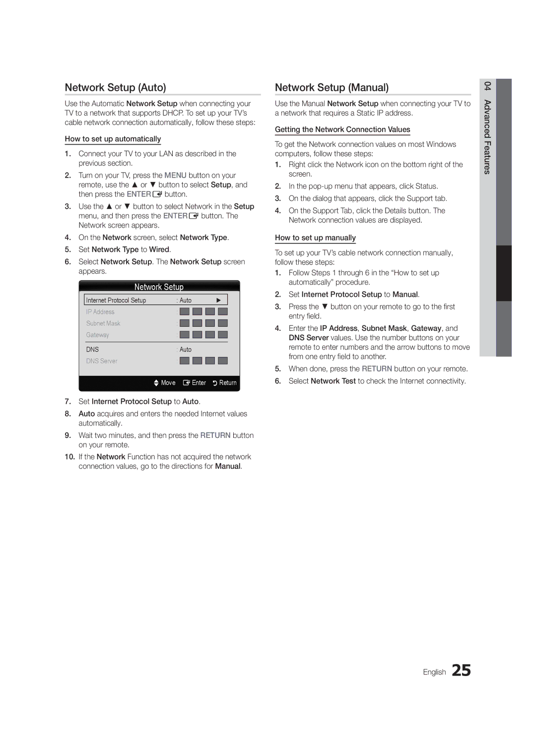 Samsung BN68-03164A-01, LC630-ZA, LN55C630, Series L6 630, Series L6 610 user manual Network Setup Auto, Network Setup Manual 