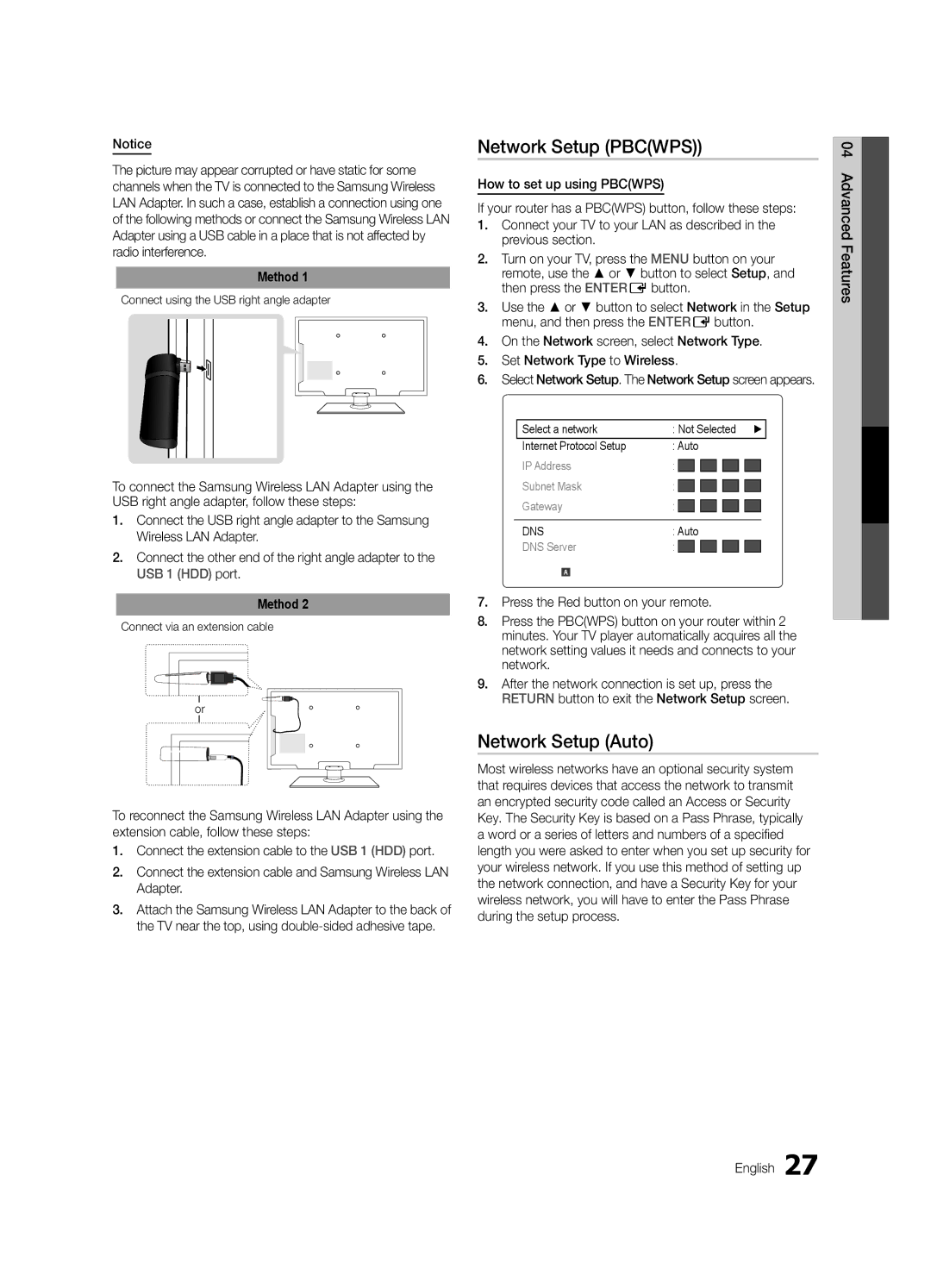 Samsung LN55C630, LC630-ZA Network Setup Pbcwps, Advanced Features English, Connect using the USB right angle adapter 