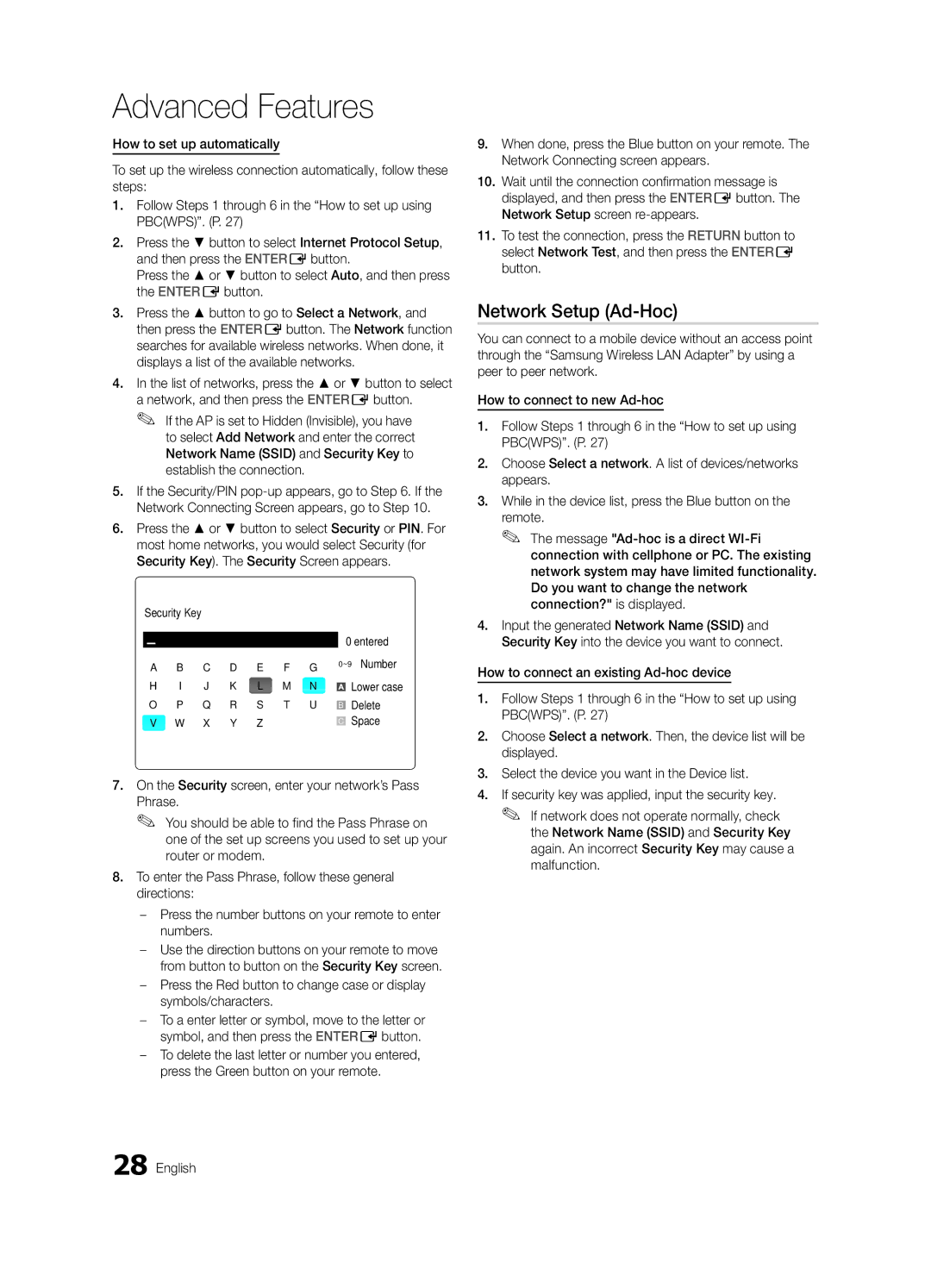 Samsung Series L6 630, BN68-03164A-01, LC630-ZA Network Setup Ad-Hoc, Security Key Entered ~9 Number, Delete, Space 