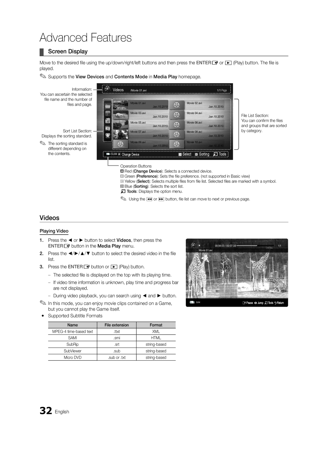 Samsung LN55C630, BN68-03164A-01, LC630-ZA, Series L6 630, Series L6 610 Videos, Screen Display, Name File extension Format 