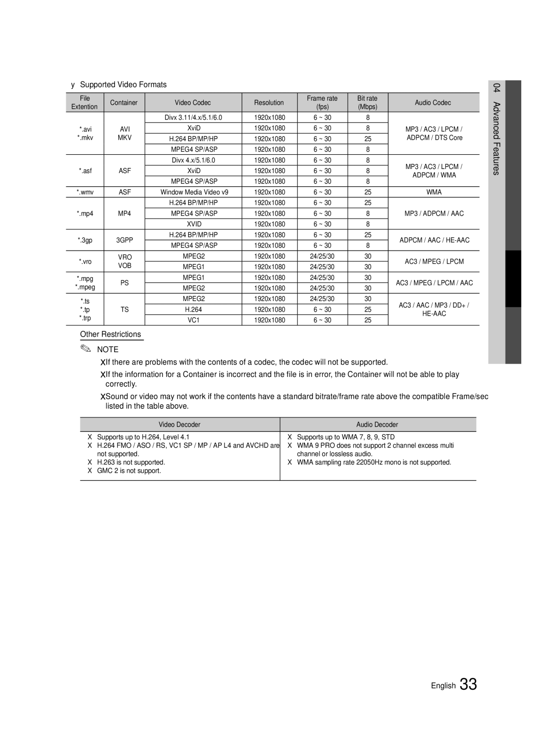 Samsung Series L6 630, BN68-03164A-01, LC630-ZA, LN55C630, Series L6 610 user manual Yy Supported Video Formats 