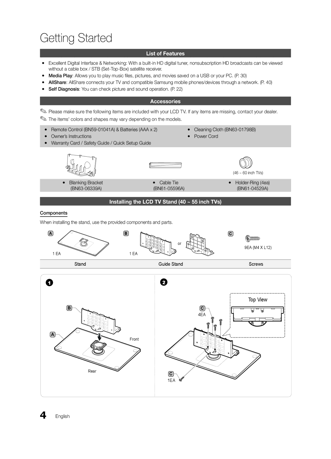 Samsung Series L6 610 List of Features, Accessories, Installing the LCD TV Stand 40 ~ 55 inch TVs, BN63-06339A BN61-05596A 