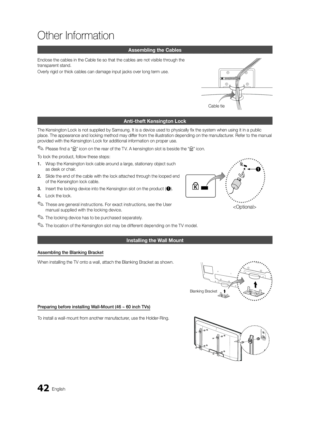 Samsung LN55C630, LC630-ZA Assembling the Cables, Anti-theft Kensington Lock, Installing the Wall Mount, Blanking Bracket 